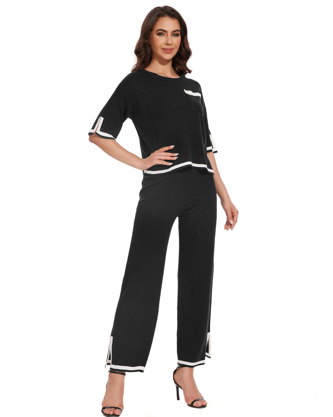 Womens 2 Piece Outfits Short Sleeve Sweater Set Knit Sweatersuit Top Wide Leg Lounge Wear Set