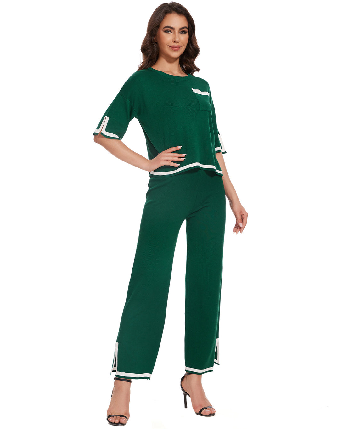 Womens 2 Piece Outfits Short Sleeve Sweater Set Knit Sweatersuit Top Wide Leg Lounge Wear Set