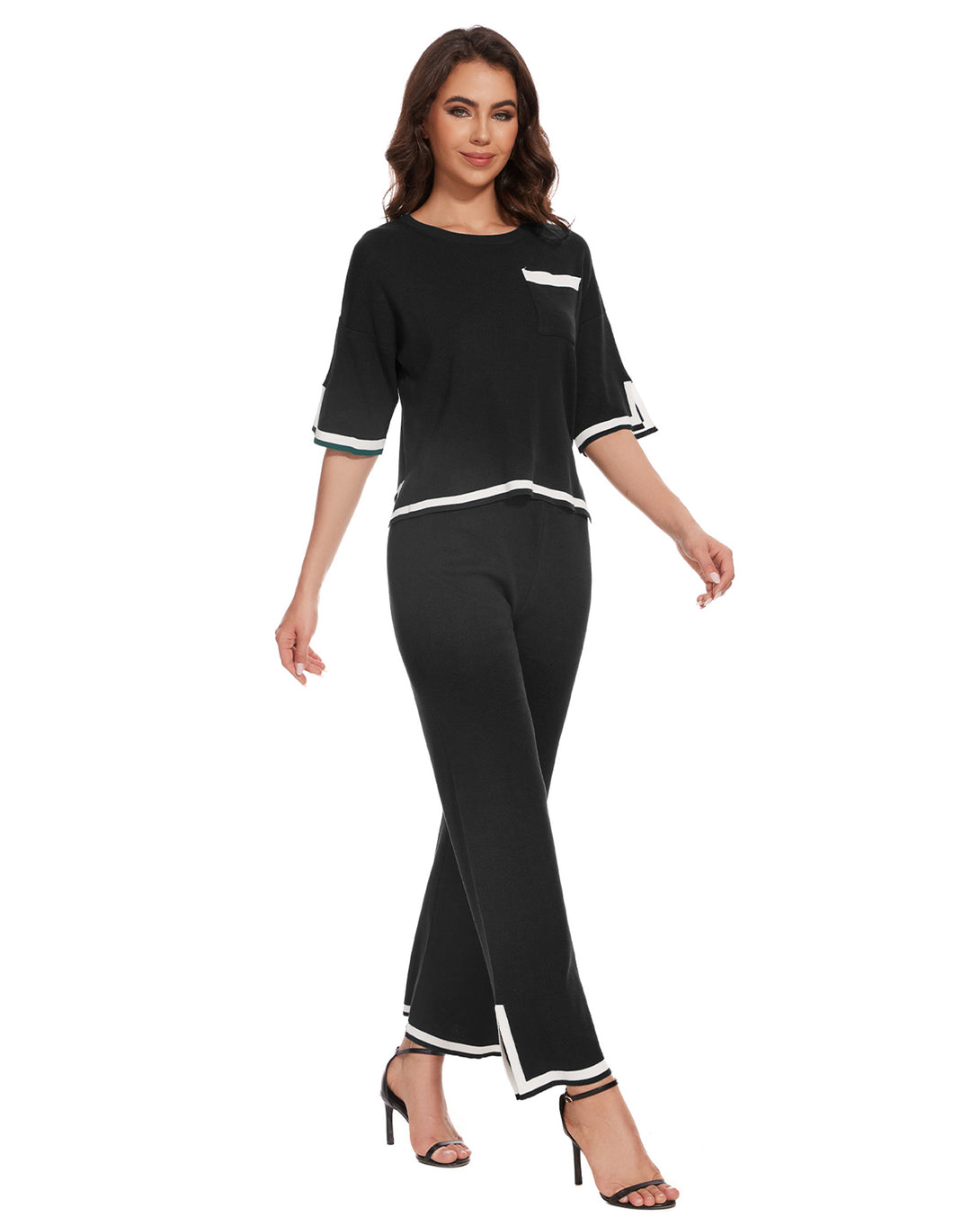 Womens 2 Piece Outfits Short Sleeve Sweater Set Knit Sweatersuit Top Wide Leg Lounge Wear Set