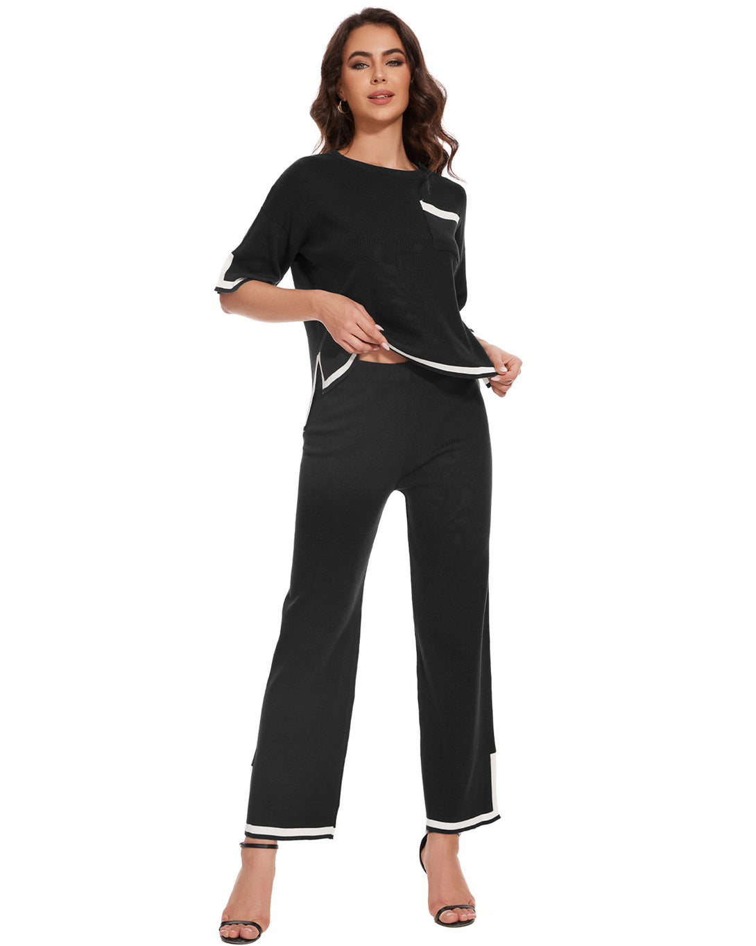 Womens 2 Piece Outfits Short Sleeve Sweater Set Knit Sweatersuit Top Wide Leg Lounge Wear Set