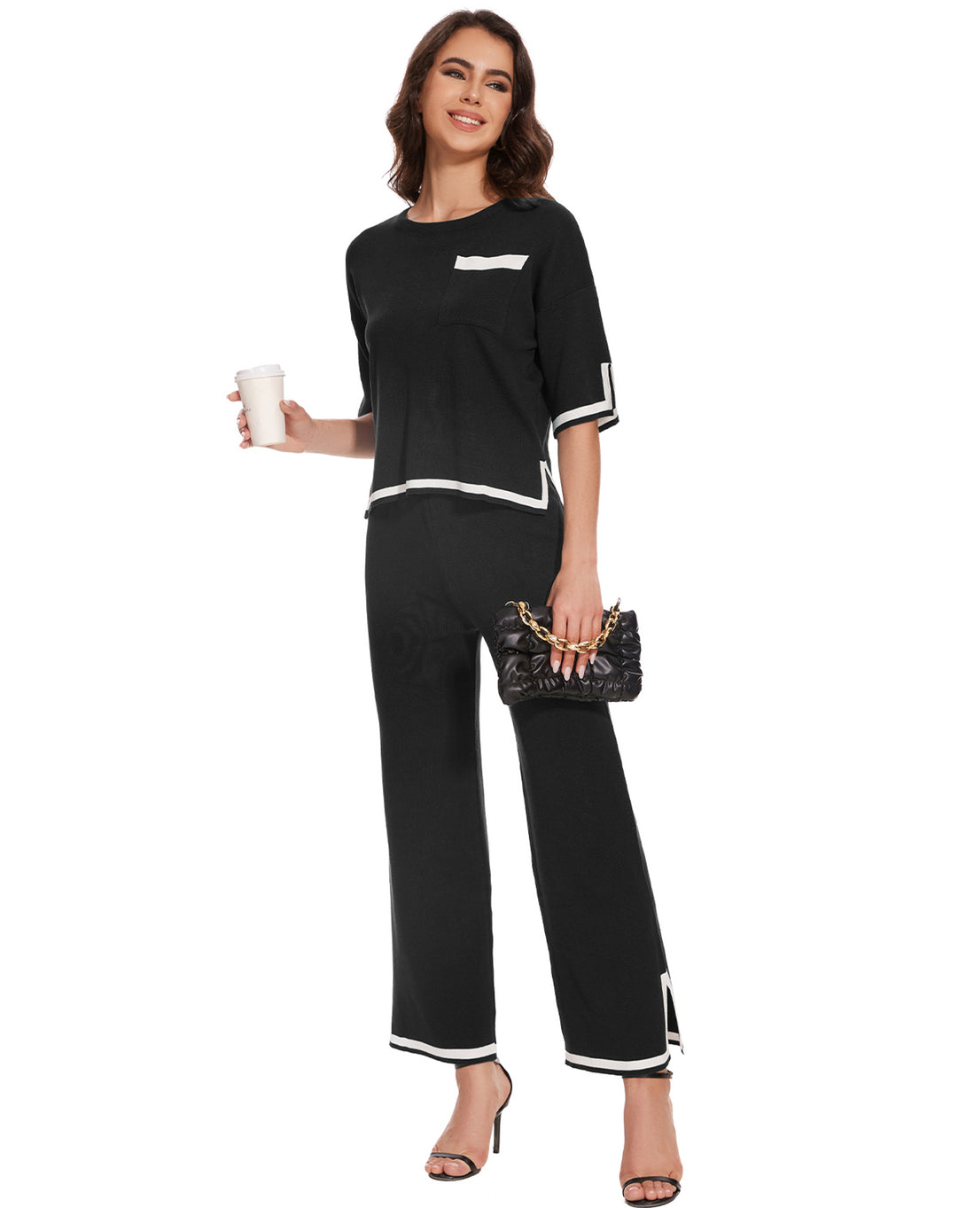 Womens 2 Piece Outfits Short Sleeve Sweater Set Knit Sweatersuit Top Wide Leg Lounge Wear Set