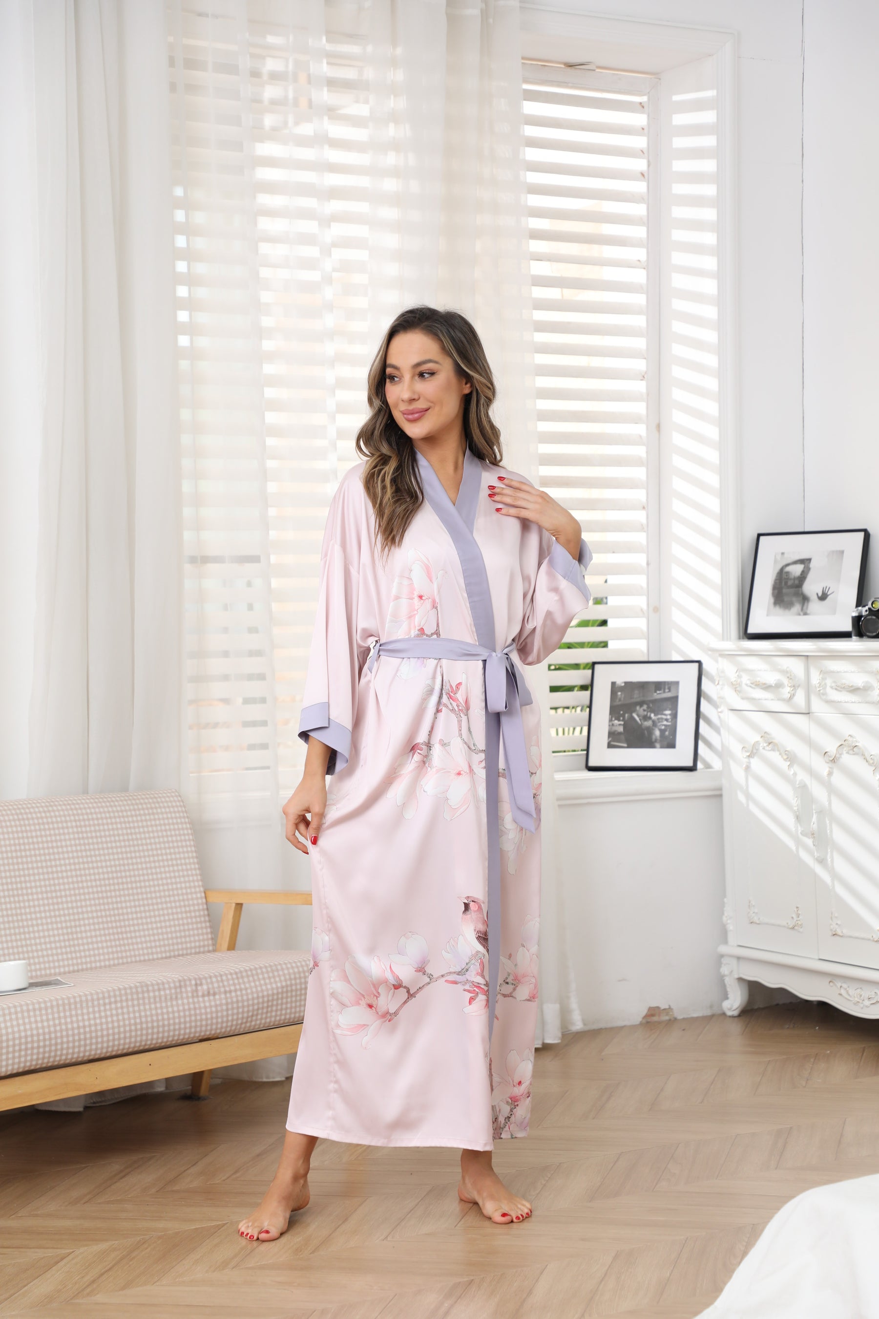 Women's blue floral satin kimono robe - 5