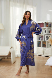 Women's black floral satin kimono robe - 3