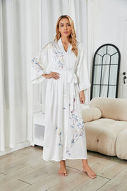 Women's white floral print kimono robe - 1