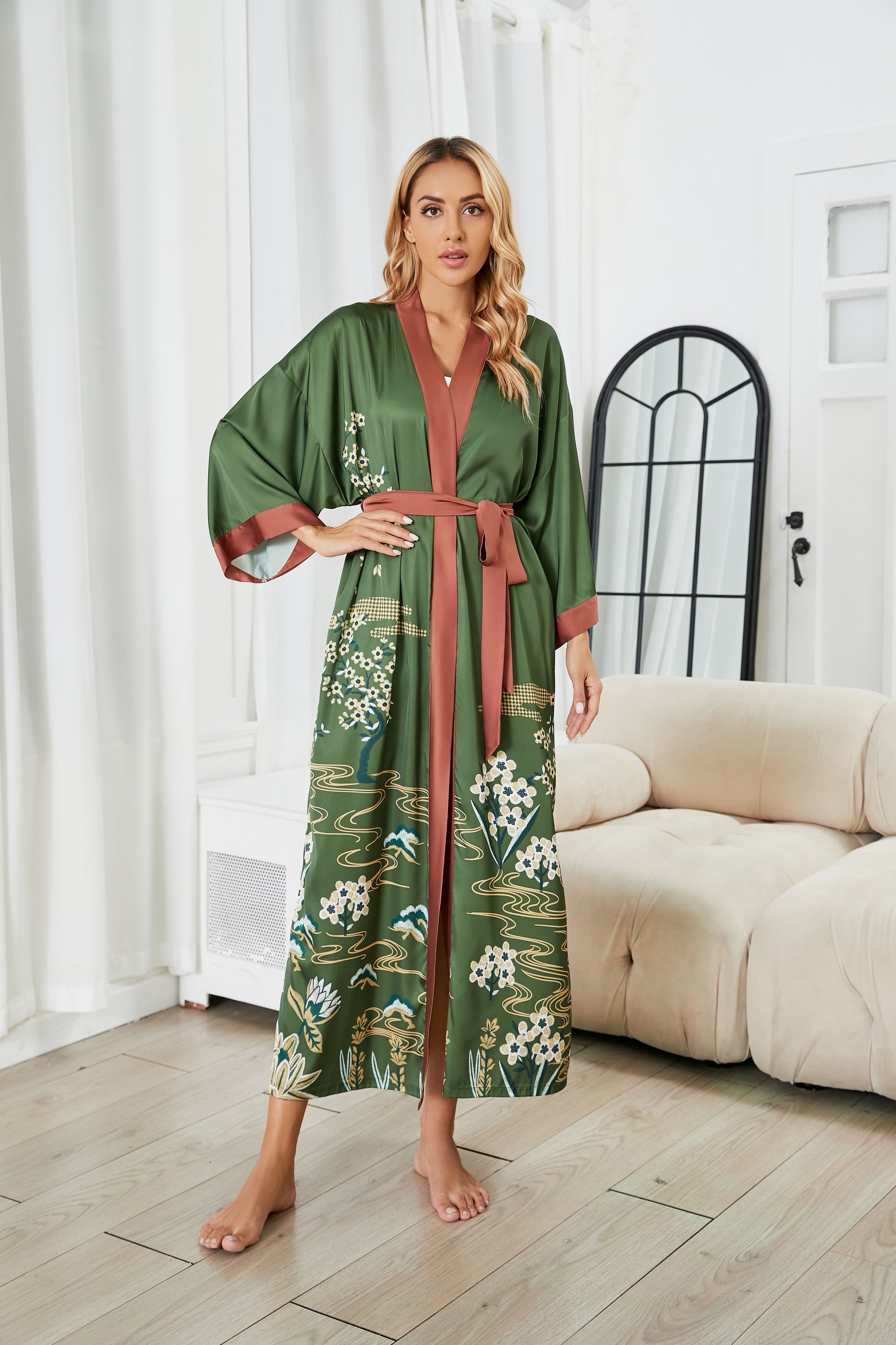 Women's white floral print kimono robe - 4