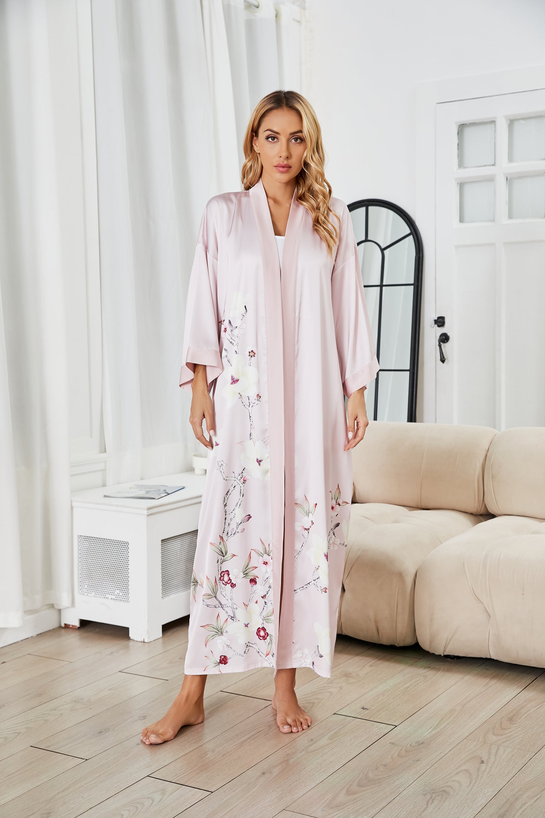 Women's white floral print kimono robe - 2