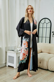 Women's black print satin kimono robe - 2