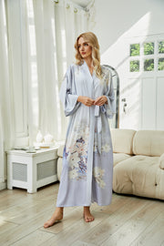Women's green print satin kimono robe - 3