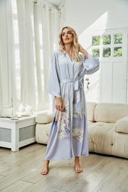 Women's green print satin kimono robe - 4