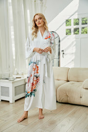 Women's green print satin kimono robe - 5