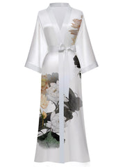 Women's blue floral satin kimono robe - 18