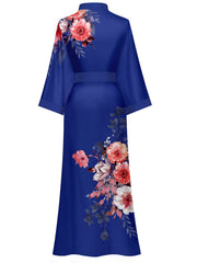 Women's black floral satin kimono robe - 11