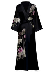 Women's black floral satin kimono robe - 6