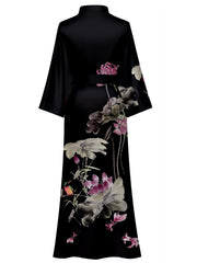 Women's black floral satin kimono robe - 7