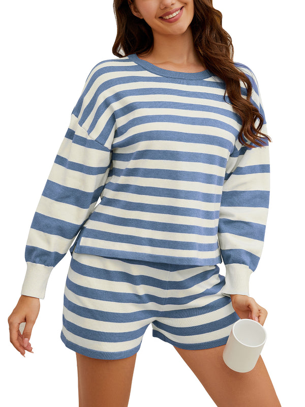 Womens Striped Sweater Set 2 Piece Lounge Set Women Knit Pajamas Set Long Sleeve Tops and Shorts Knit Pullover Top