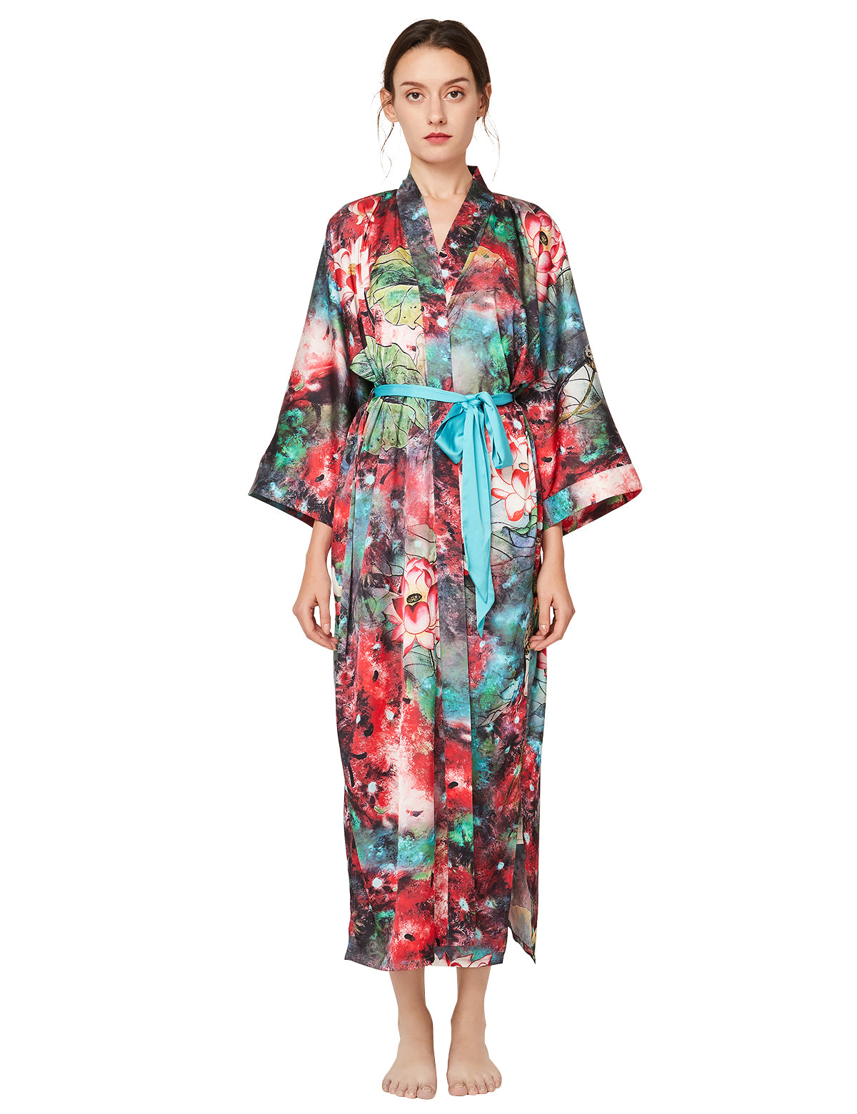 Women's long black print kimono robe - 5