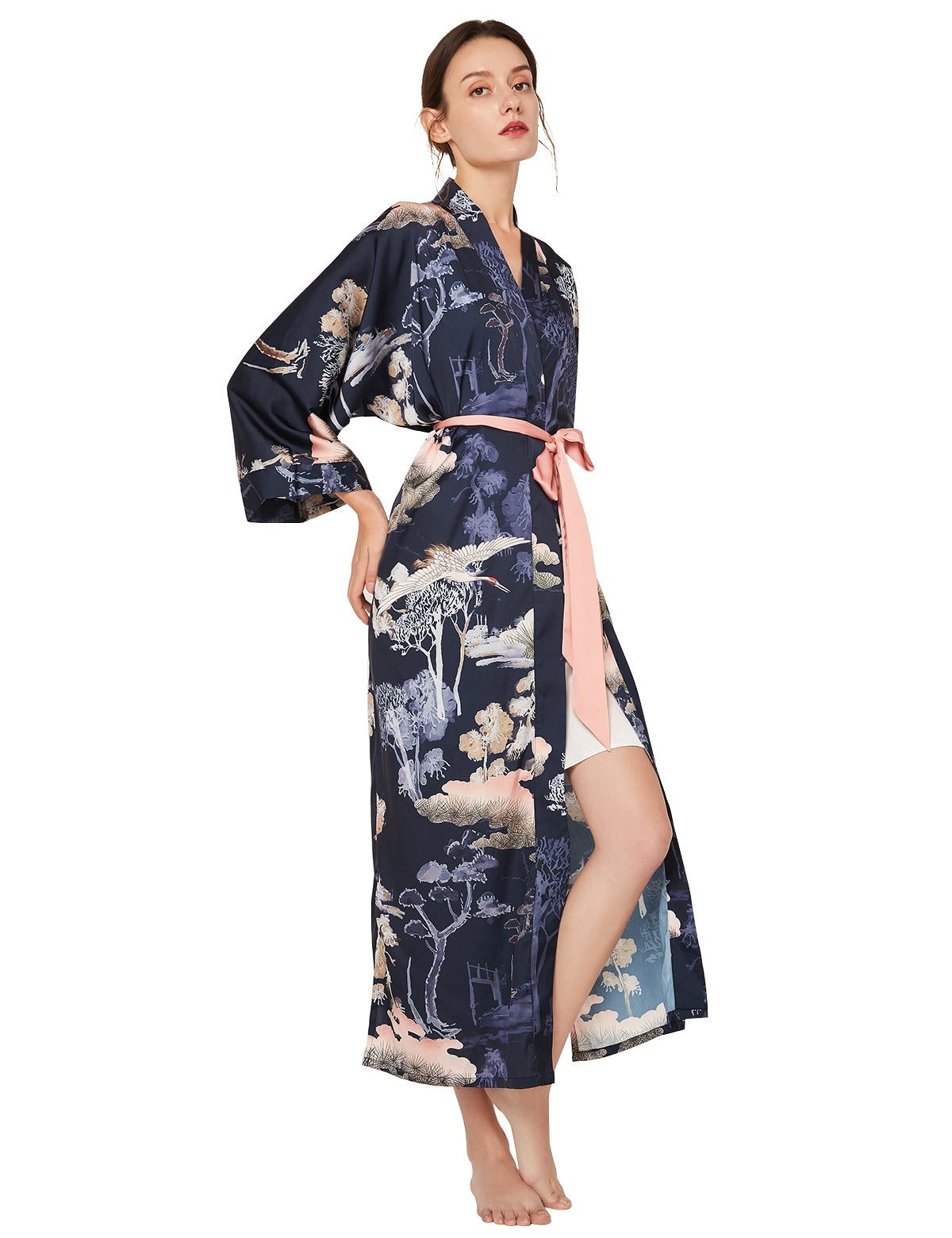 Women's blue print satin kimono robe - 6