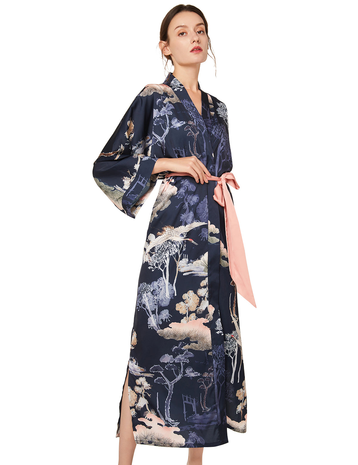 Women's blue print satin kimono robe - 5