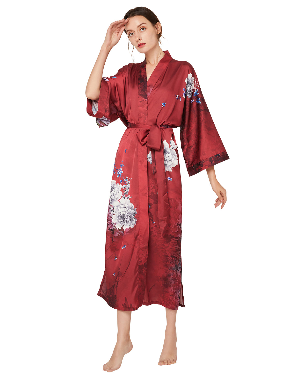 Women's long black print kimono robe - 4