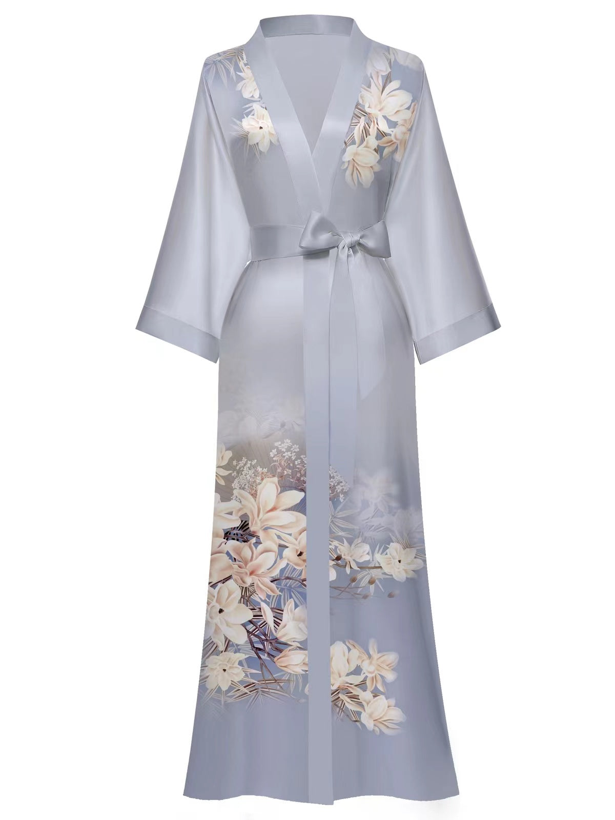 Women's green print satin kimono robe - 11
