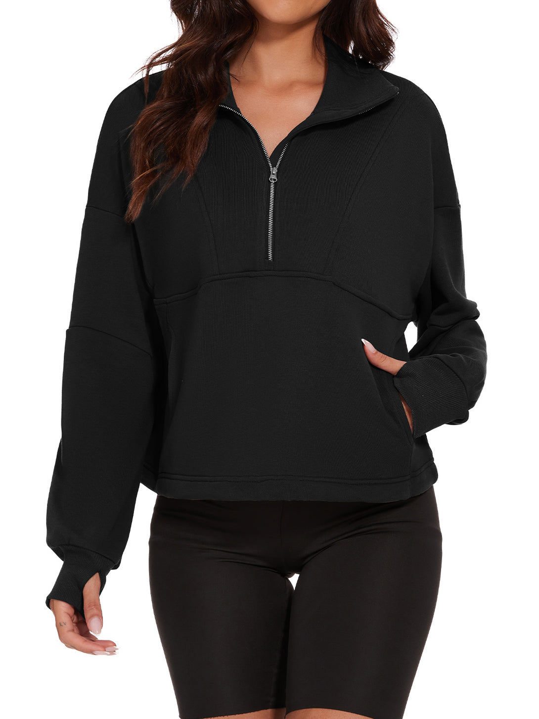 Womens Half Zip Cropped Sweatshirt Quarter Zip Pullover Women Long Sleeve Fall Hoodies with Pockets