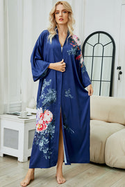 Women's blue print satin kimono robe - 1