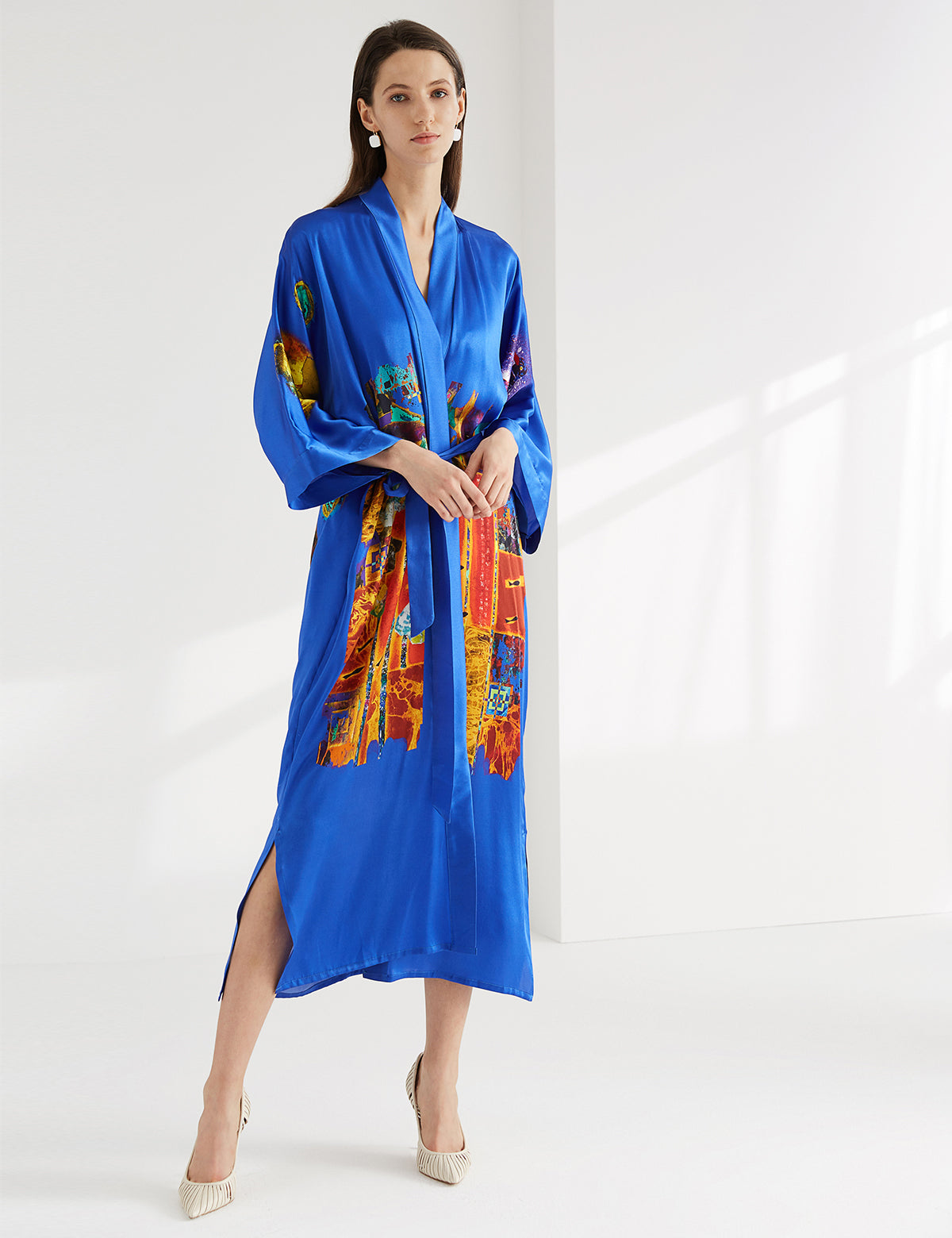 Women's blue print satin kimono robe - 3