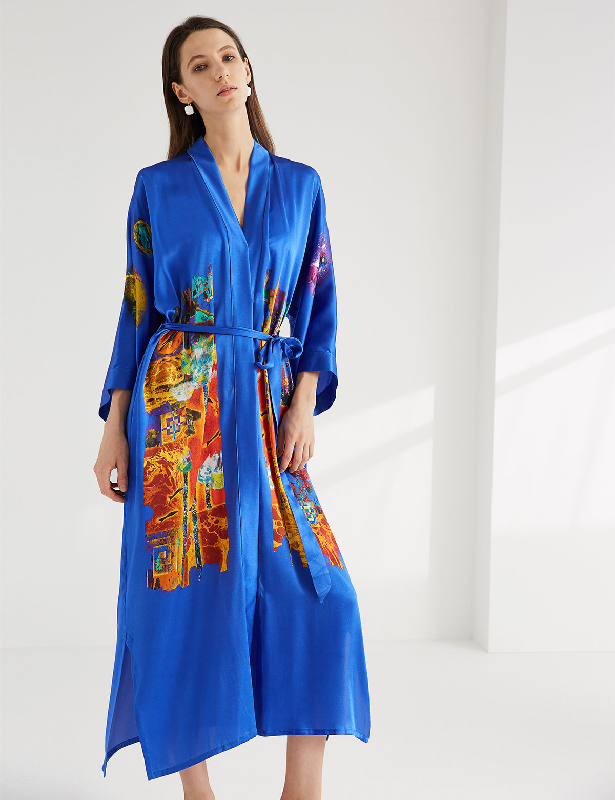 Women's blue print satin kimono robe - 4