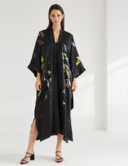Women's long black print kimono robe - 1