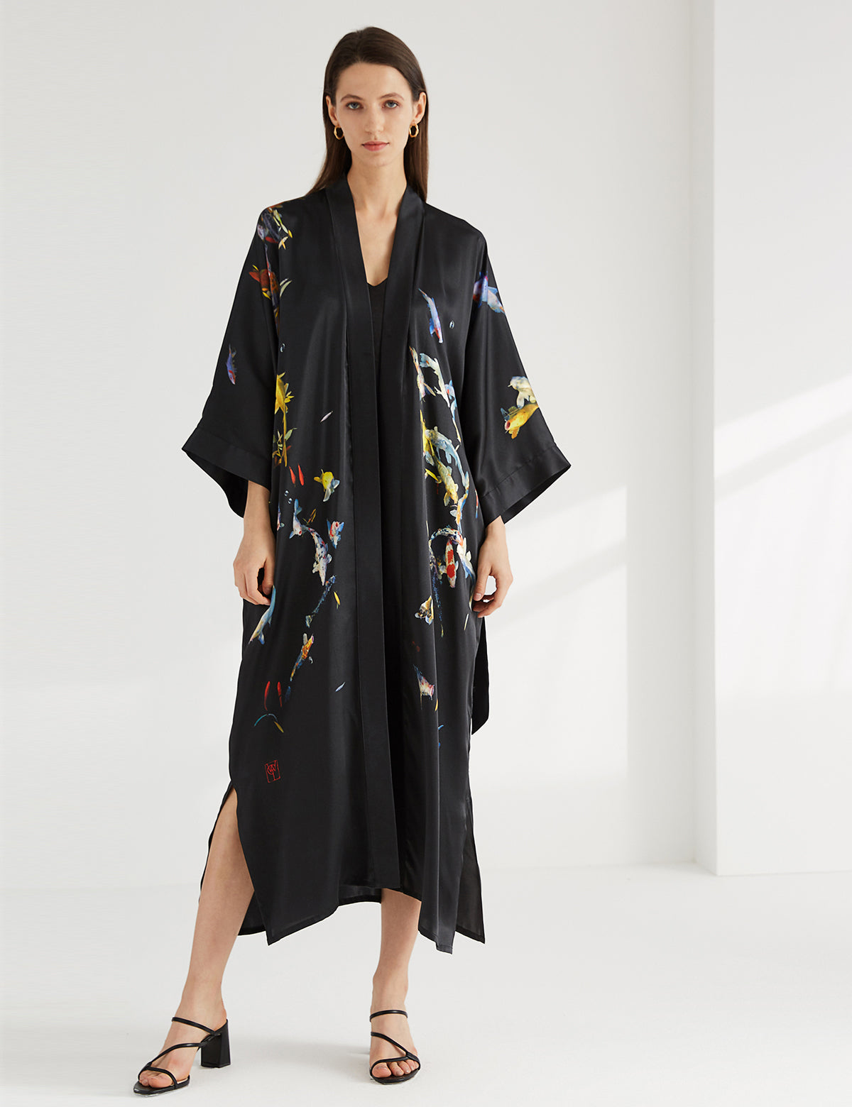 Women's long black print kimono robe - 1