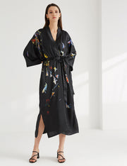 Women's long black print kimono robe - 2