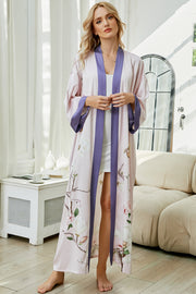Women's green print satin kimono robe - 7