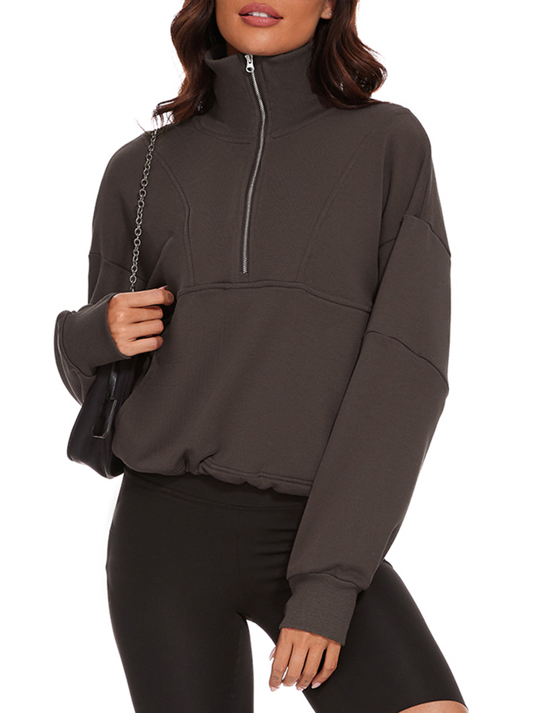 Womens Half Zip Cropped Sweatshirt Quarter Zip Pullover Women Long Sleeve Fall Hoodies with Pockets