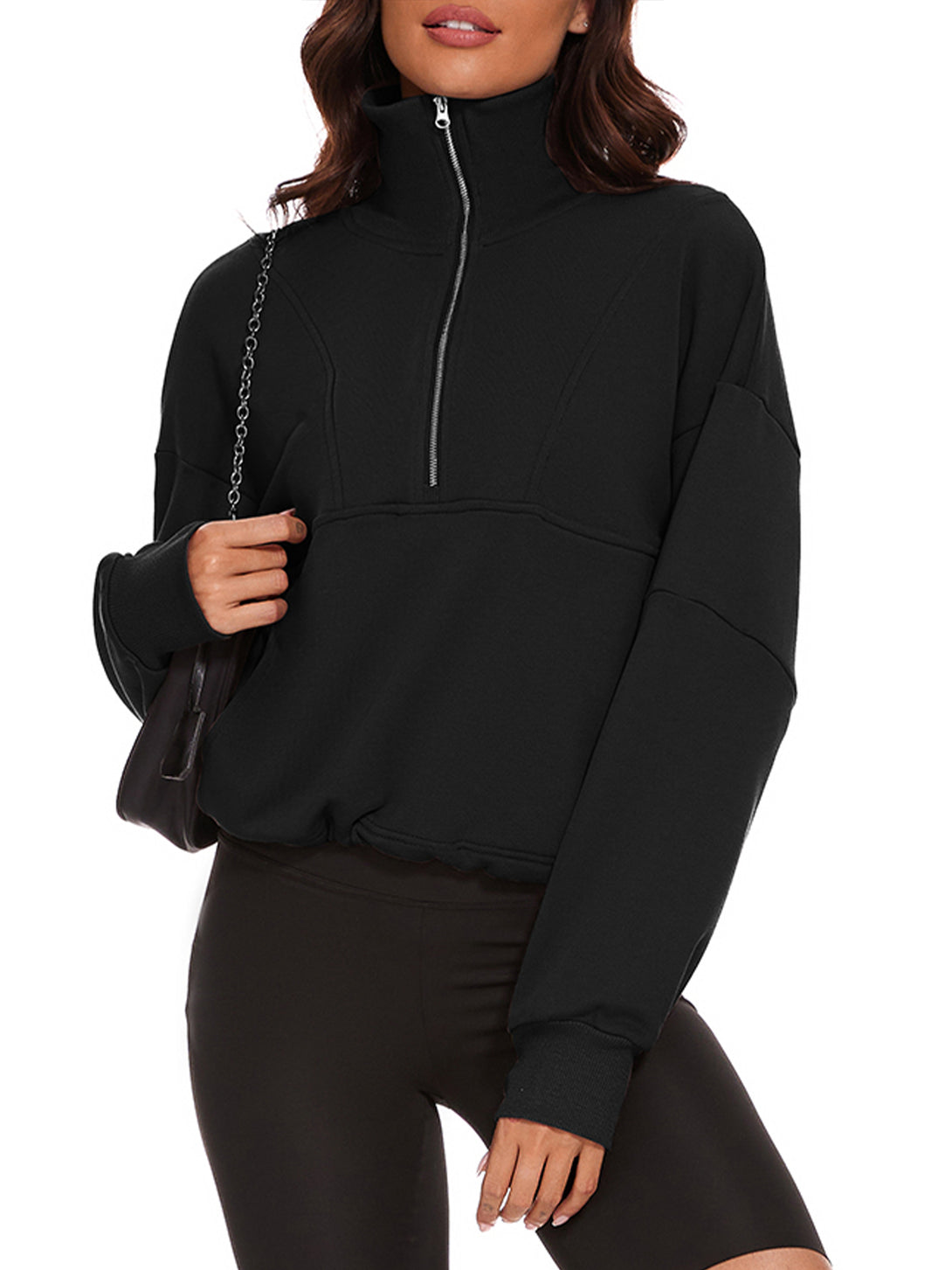 Womens Half Zip Cropped Sweatshirt Quarter Zip Pullover Women Long Sleeve Fall Hoodies with Pockets