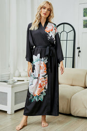Women's black print satin kimono robe - 1
