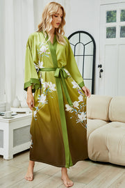 Women's green print satin kimono robe - 2