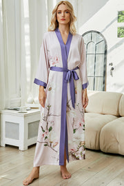 Women's green print satin kimono robe - 8
