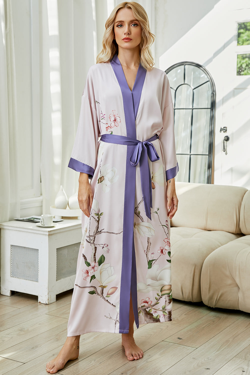 Women's green print satin kimono robe - 8
