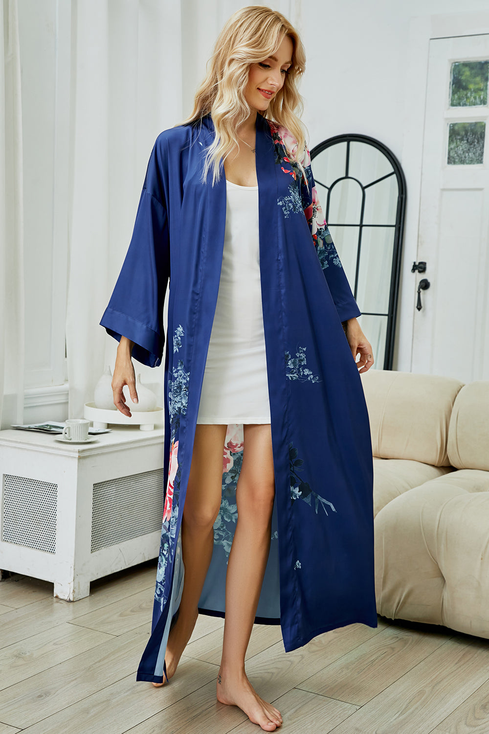 Women's blue print satin kimono robe - 2