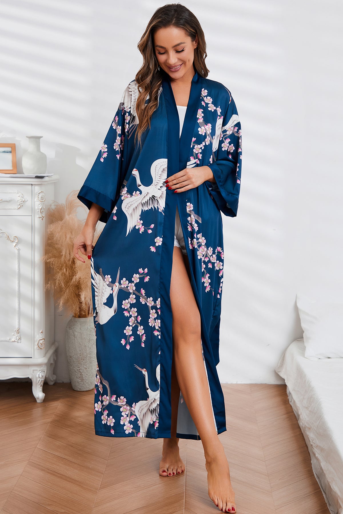 Women's white floral print kimono robe - 5