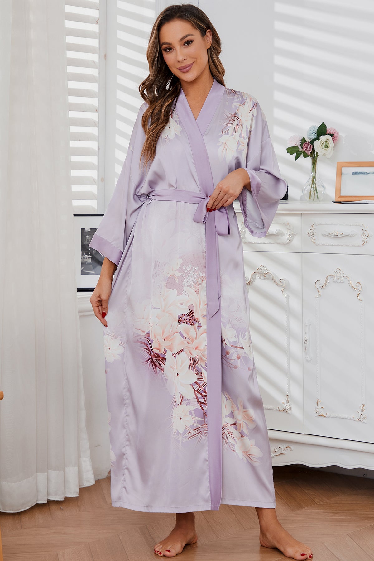 Women's white floral print kimono robe - 3