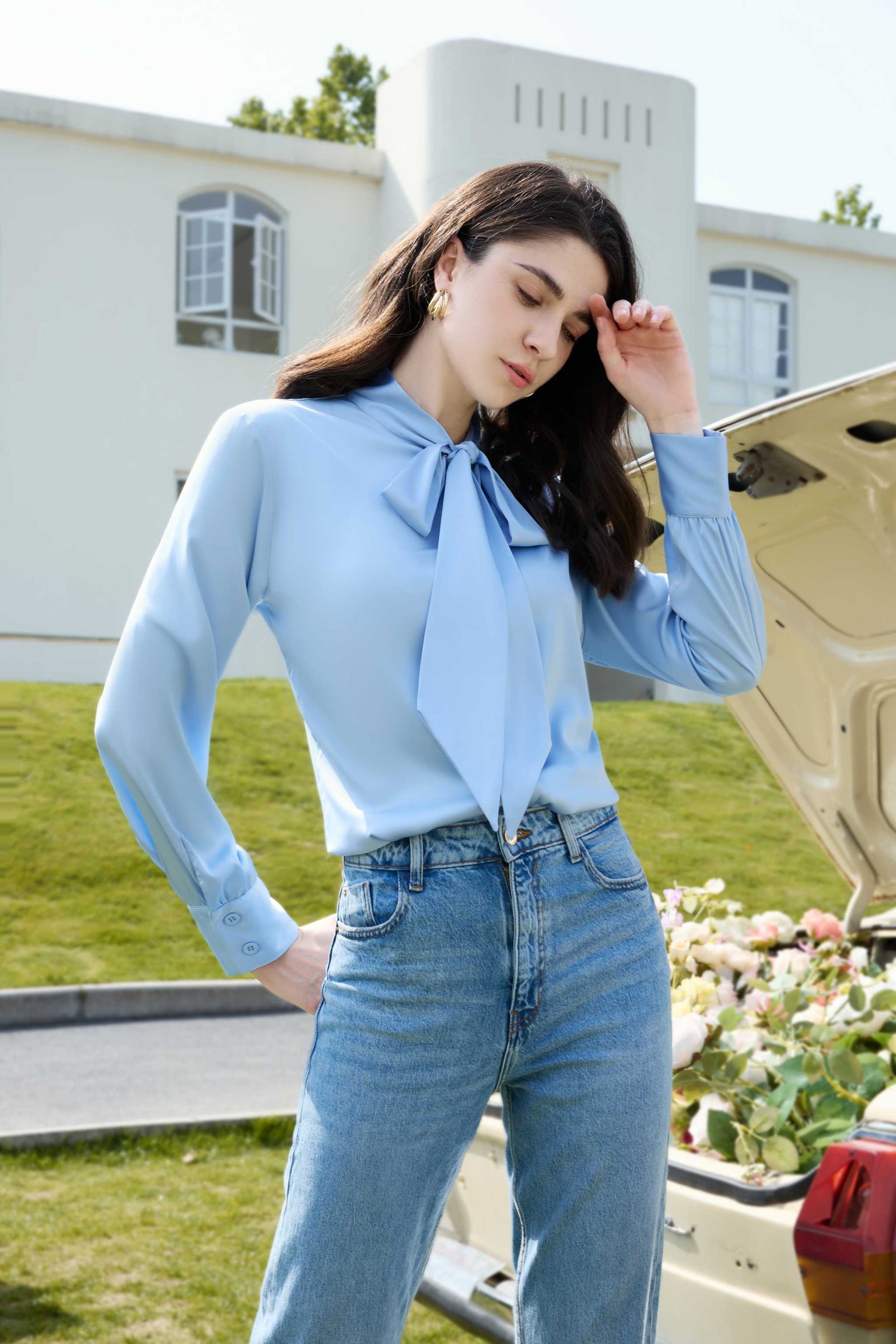Women's bow-tie satin work blouse - 1