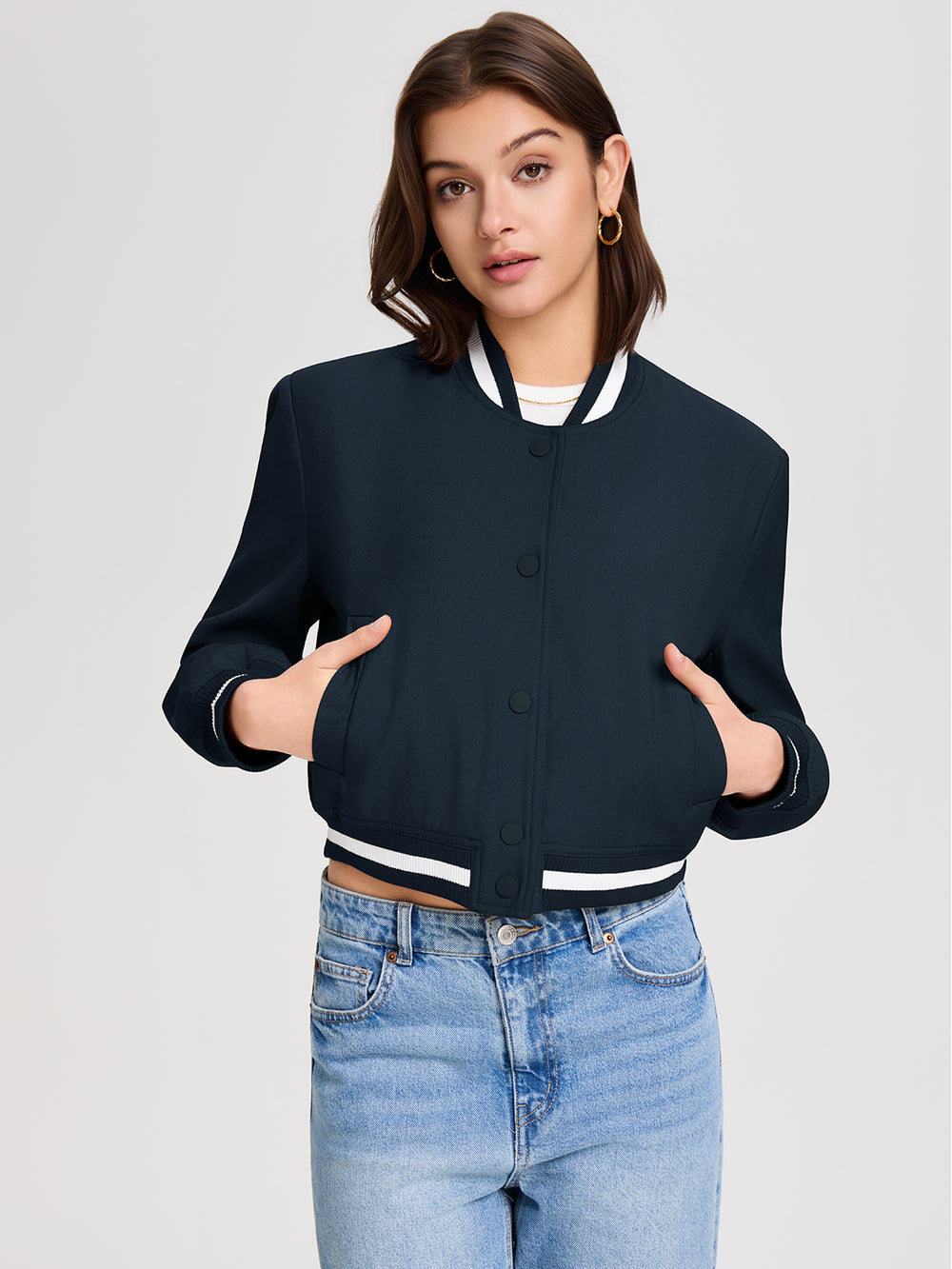 Women's Casual Baseball Jacket with Striped Trim and Pockets, S-L Coffee & Navy