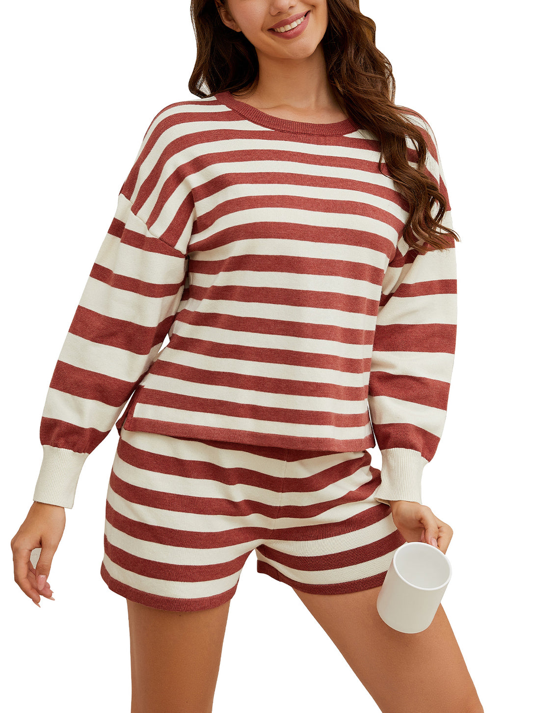 Womens Striped Sweater Set 2 Piece Lounge Set Women Knit Pajamas Set Long Sleeve Tops and Shorts Knit Pullover Top