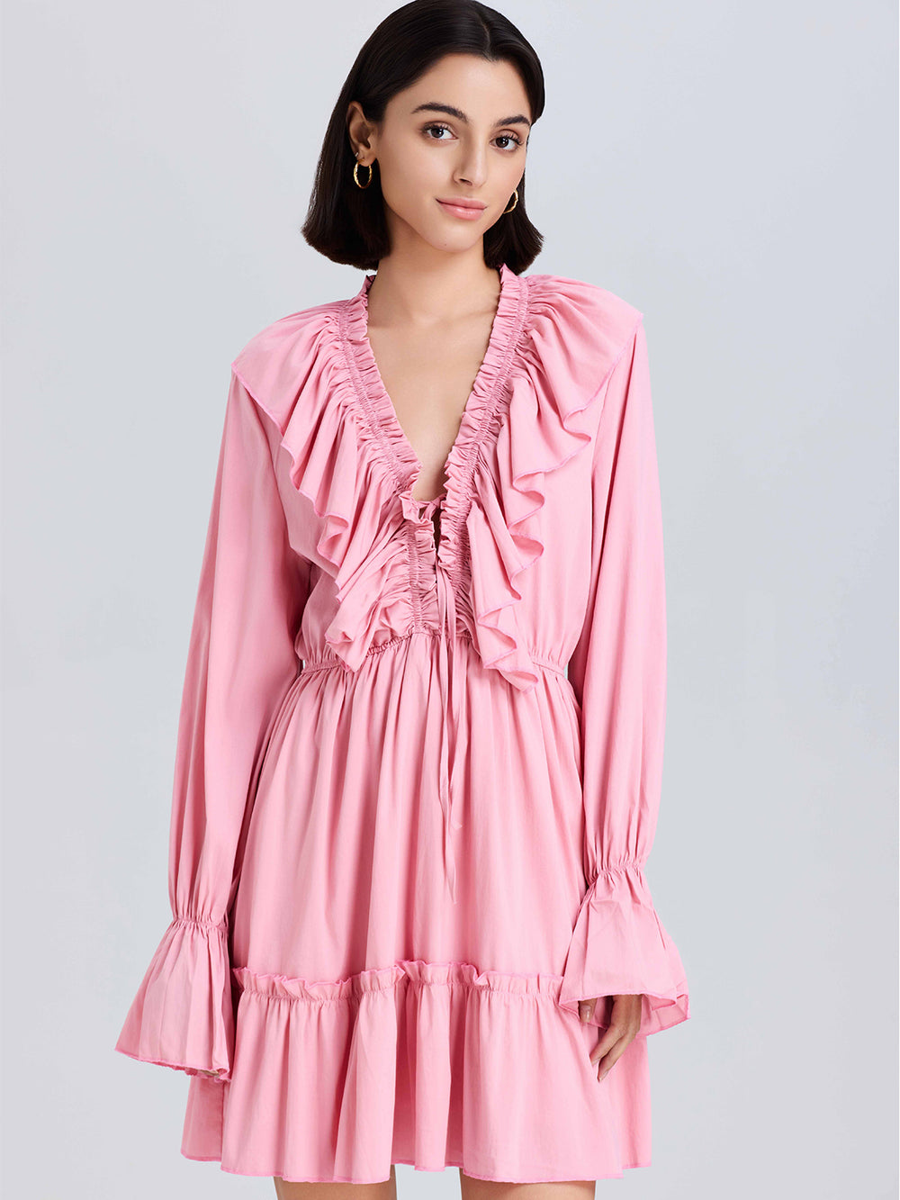 Casual Spandex-Viscose V Neck Ruffle Dress, S-L, Pink/Blue/White