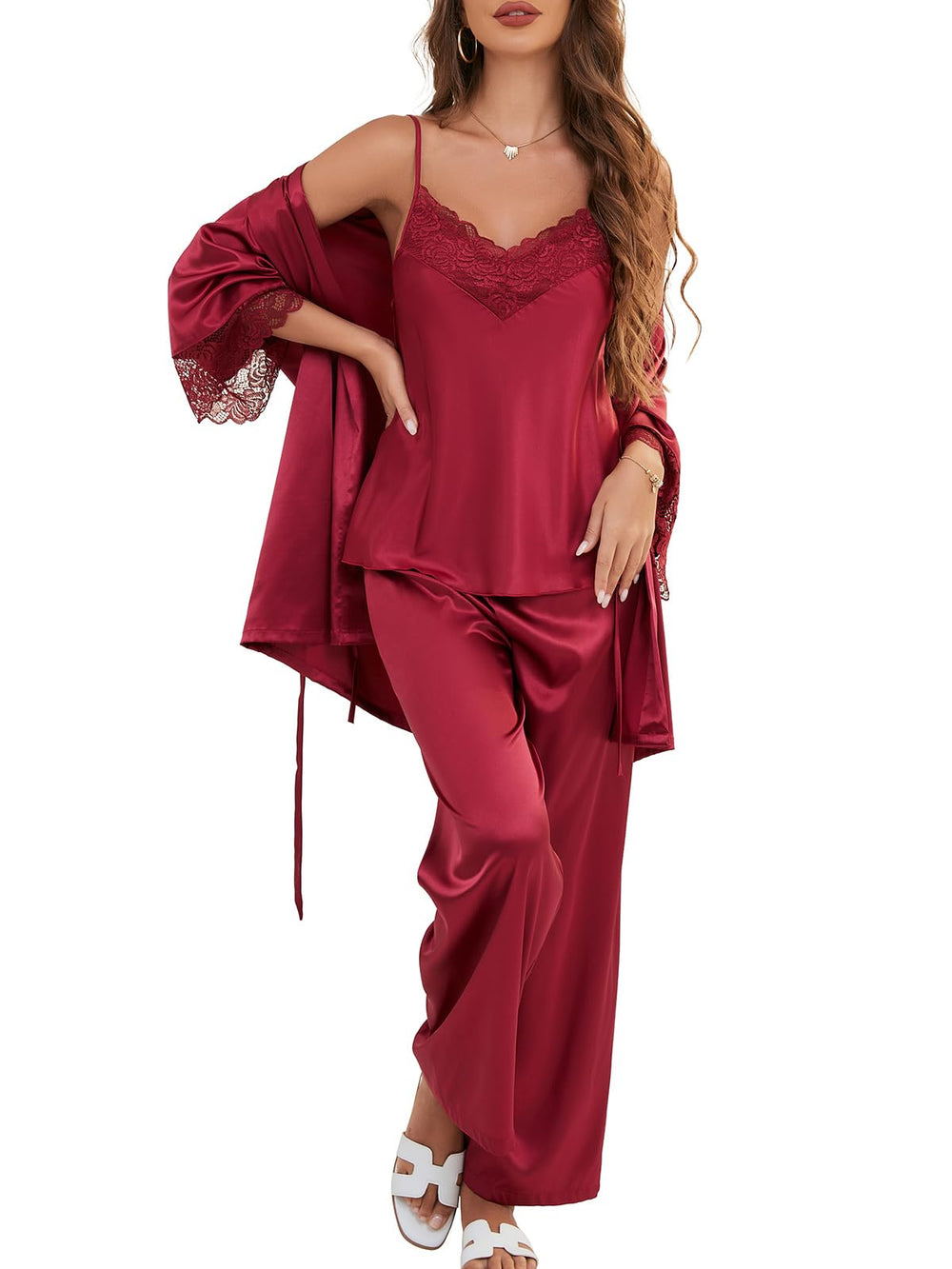 Women's Silk Pajama Set 3 Piece with Satin Robe , Cami Top and Long Pants
