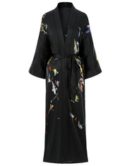 Women's long black print kimono robe - 7