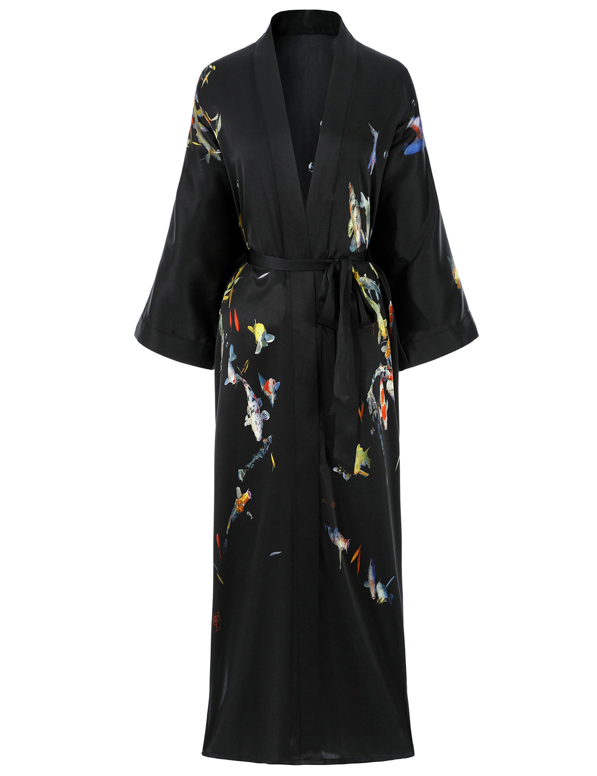 Women's long black print kimono robe - 7