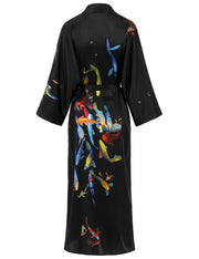 Women's long black print kimono robe - 8