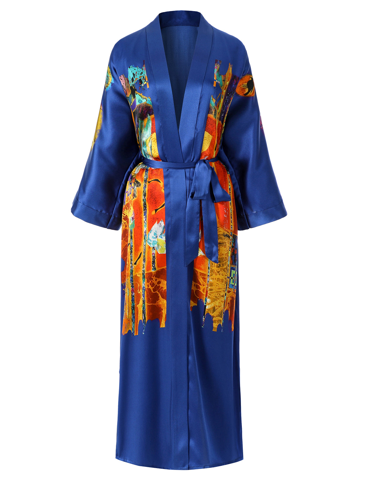 Women's blue print satin kimono robe - 13